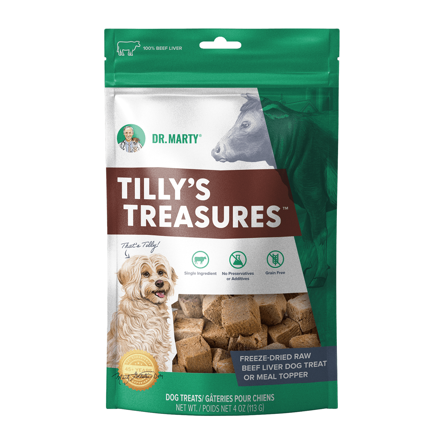 Dr. Marty Tilly's Treasures freeze-dried beef liver dog treats, front of bag