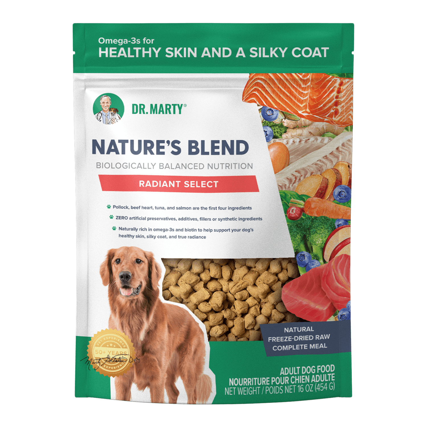 Dr. Marty Nature's Blend Radiant Select skin and coat dog food bag, front