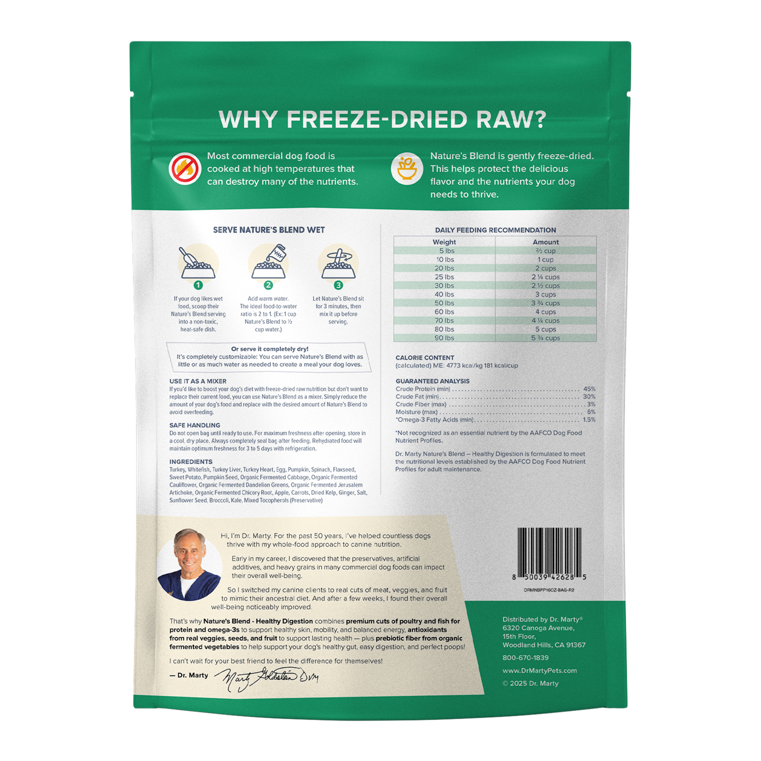 Dr. Marty Nature's Blend Healthy Digestion bag, back panel with ingredients and guaranteed analysis