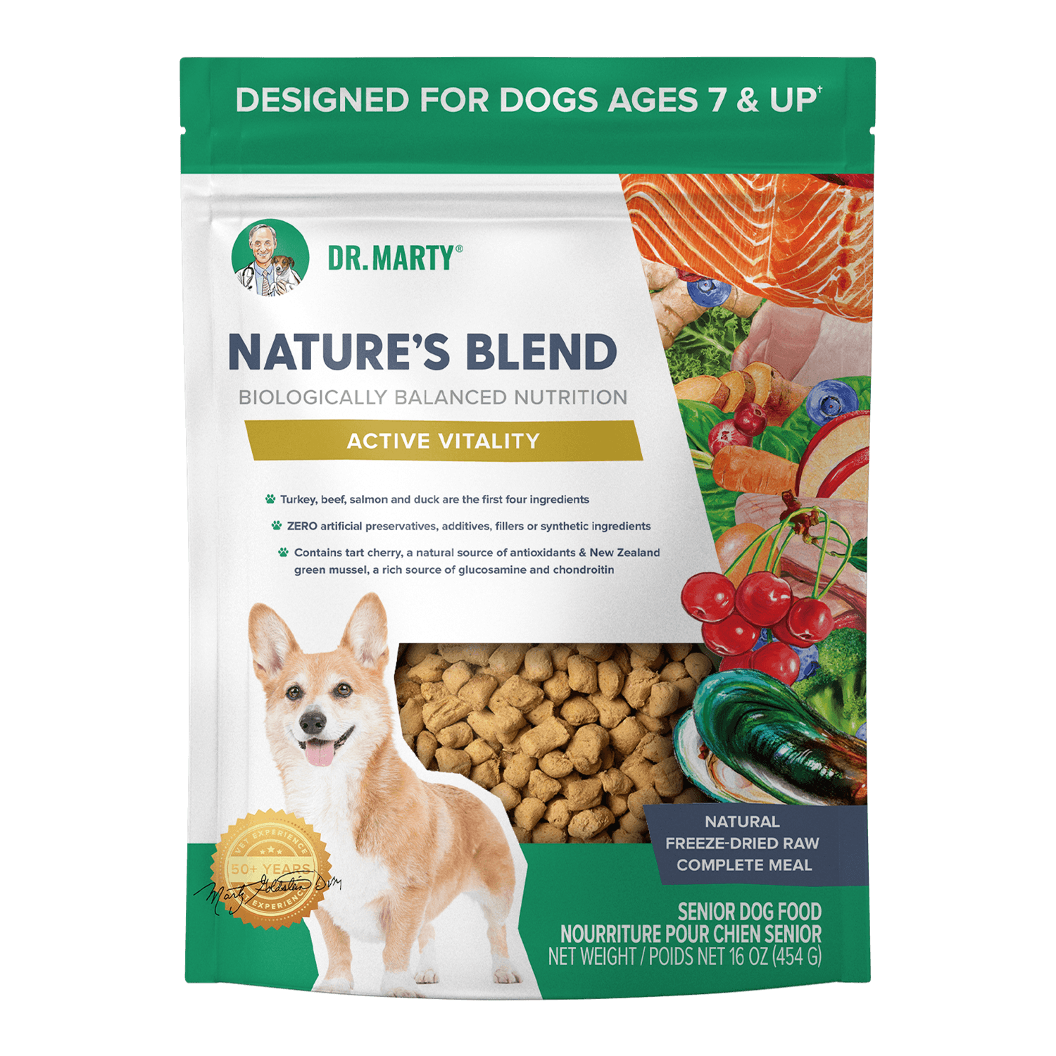 Dr. Marty Nature's Blend Active Vitality senior dog food bag, front