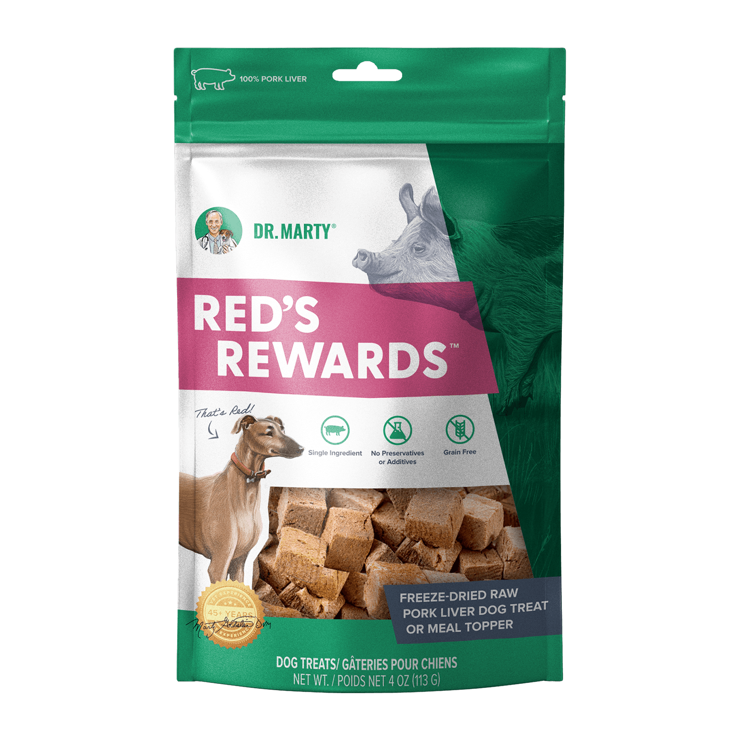 Dr. Marty Red's Rewards freeze-dried pork liver dog treats, front of bag