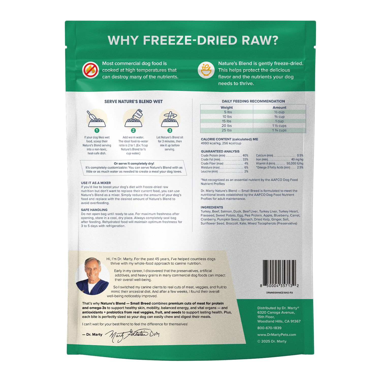 Dr. Marty Nature's Blend Small Breed bag, back panel with ingredients and guaranteed analysis