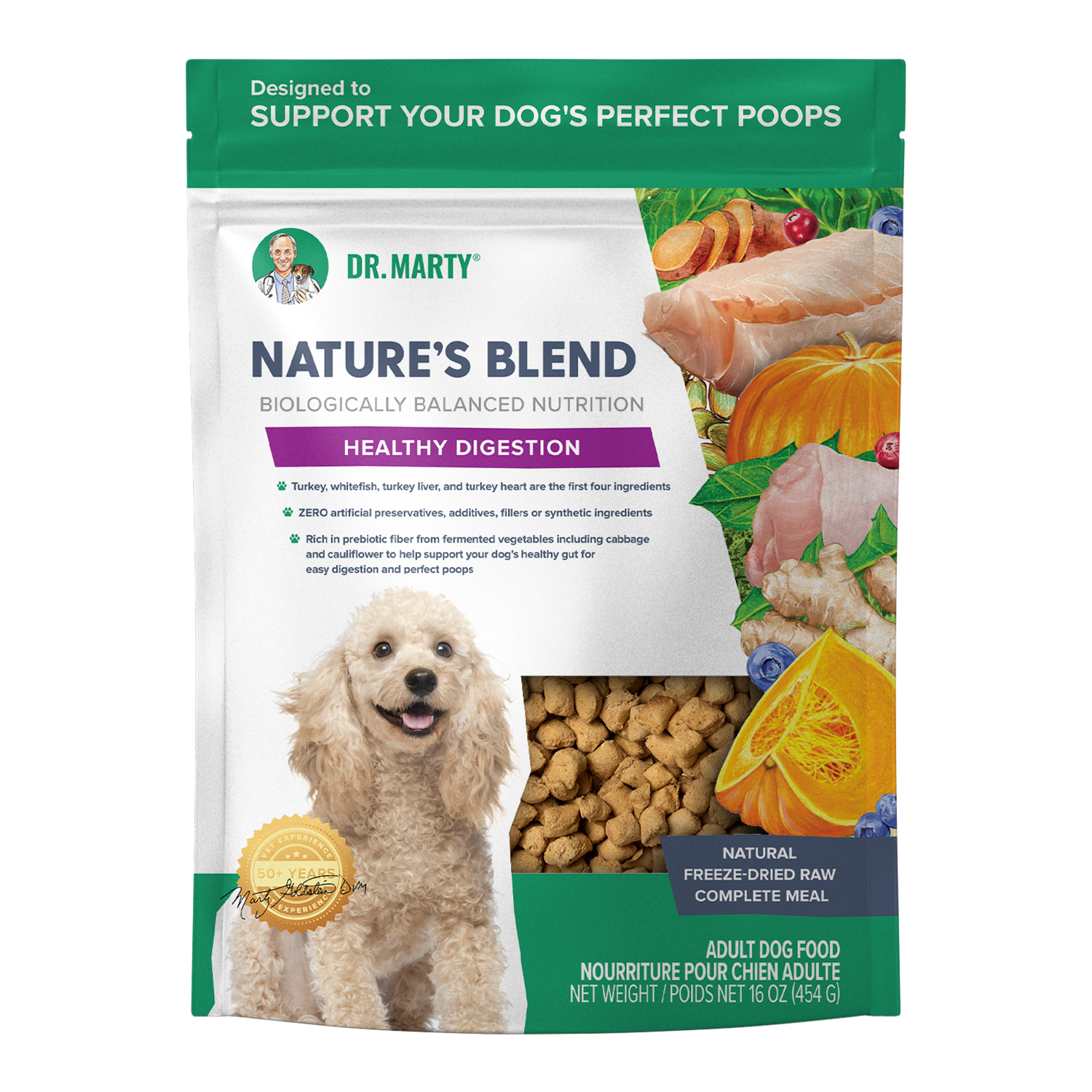 Dr. Marty Nature's Blend Healthy Digestion freeze-dried raw dog food bag, front
