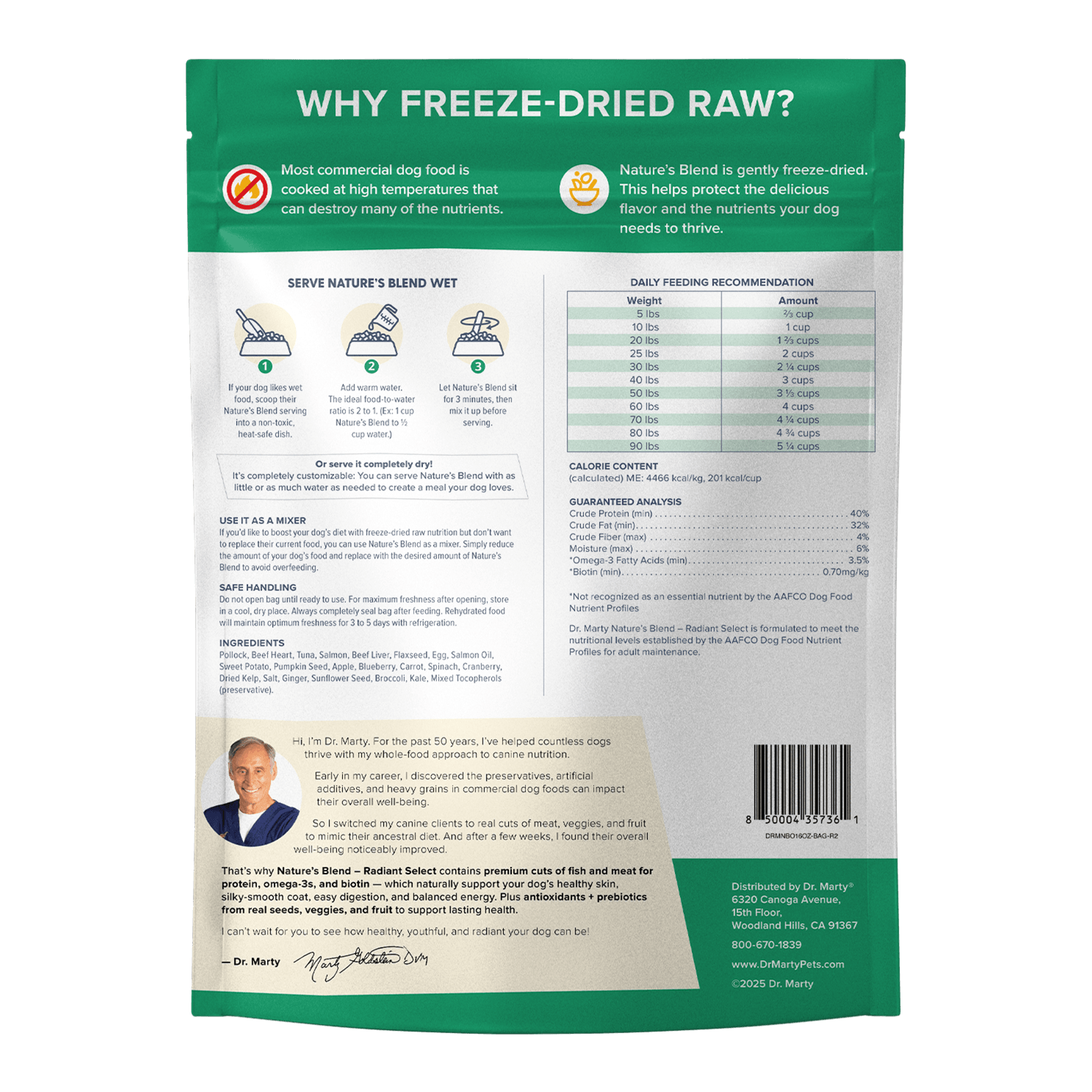Dr. Marty Nature's Blend Radiant Select bag, back panel with ingredients and guaranteed analysis