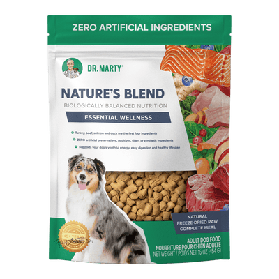 Dr. Marty Nature's Blend Essential Wellness freeze-dried raw dog food bag, front