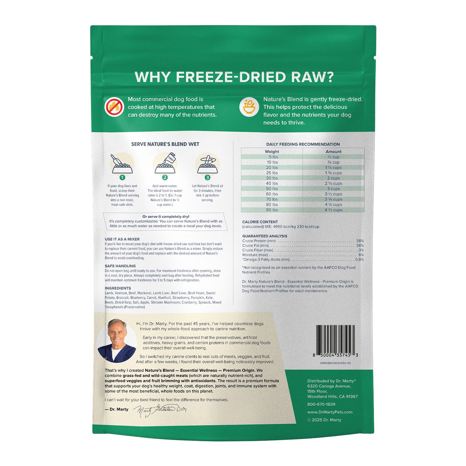 Dr. Marty Nature's Blend Premium Origin bag, back panel with ingredients and guaranteed analysis