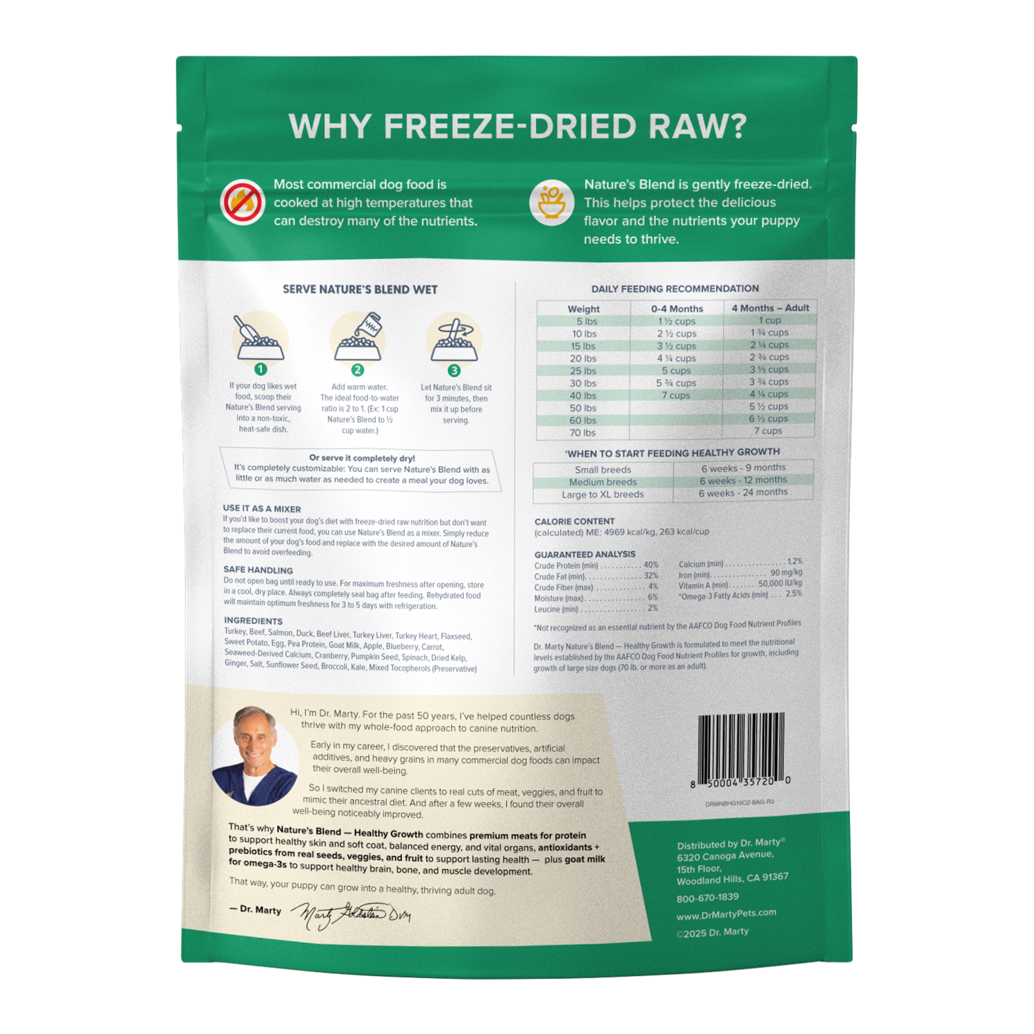 Dr. Marty Nature's Blend Healthy Growth bag, back panel with ingredients and guaranteed analysis
