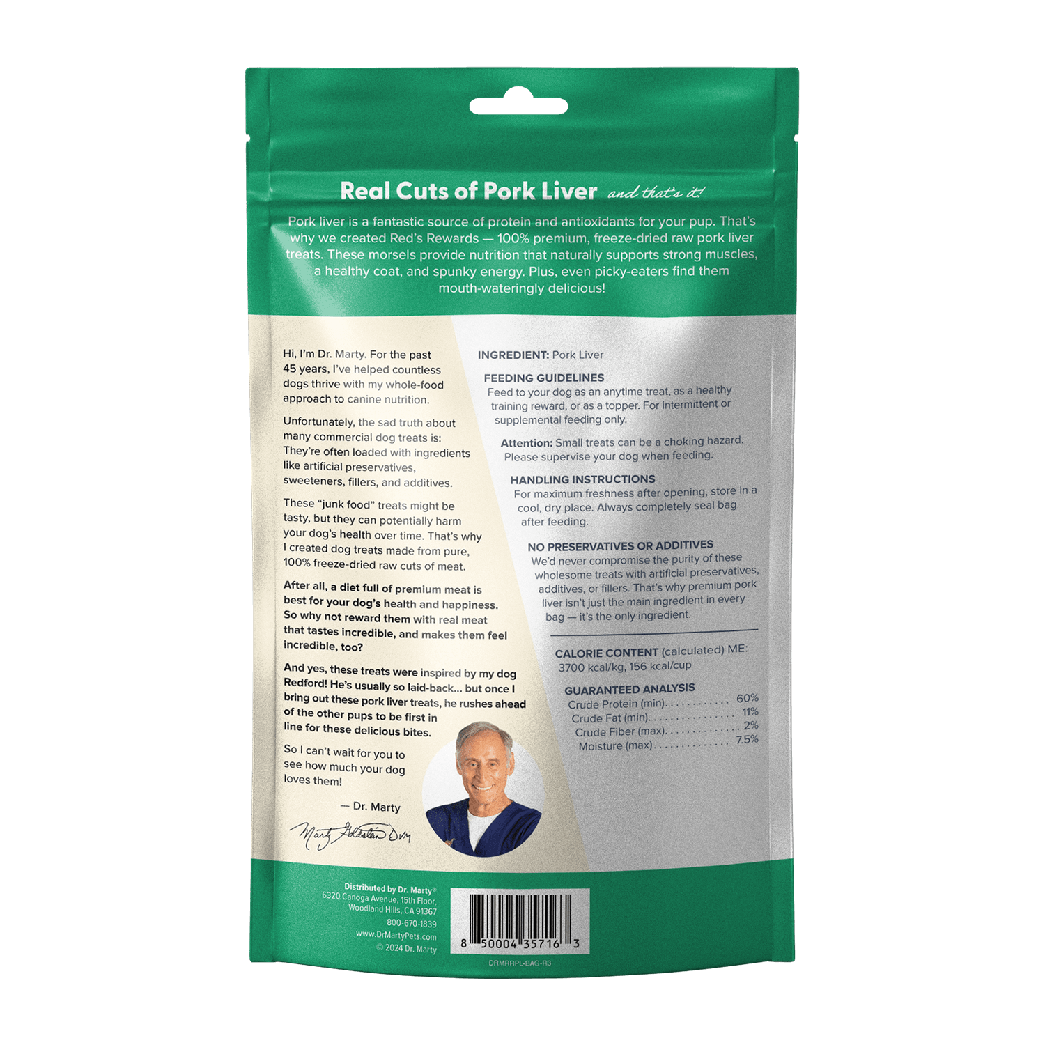 Dr. Marty Red's Rewards bag, back panel with ingredients and guaranteed analysis