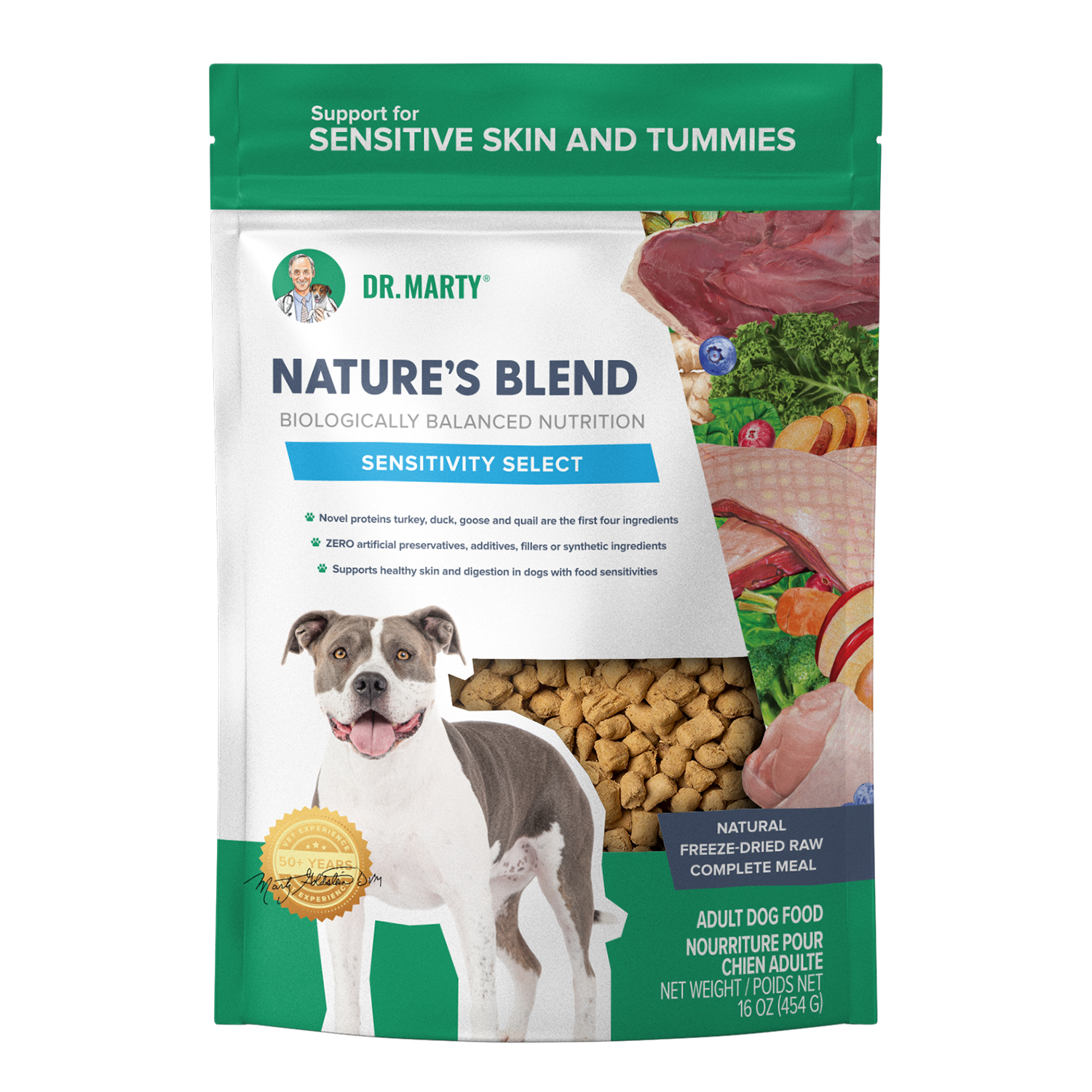 Dr. Marty Nature's Blend Sensitivity Select freeze-dried raw dog food bag, front