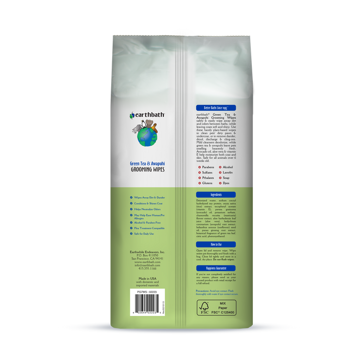 Earthbath - Dog Grooming Wipes Green Tea Leaf 100Ct